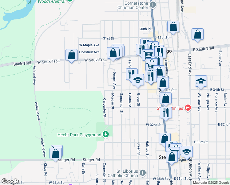 map of restaurants, bars, coffee shops, grocery stores, and more near 3015 Morgan Street in Steger