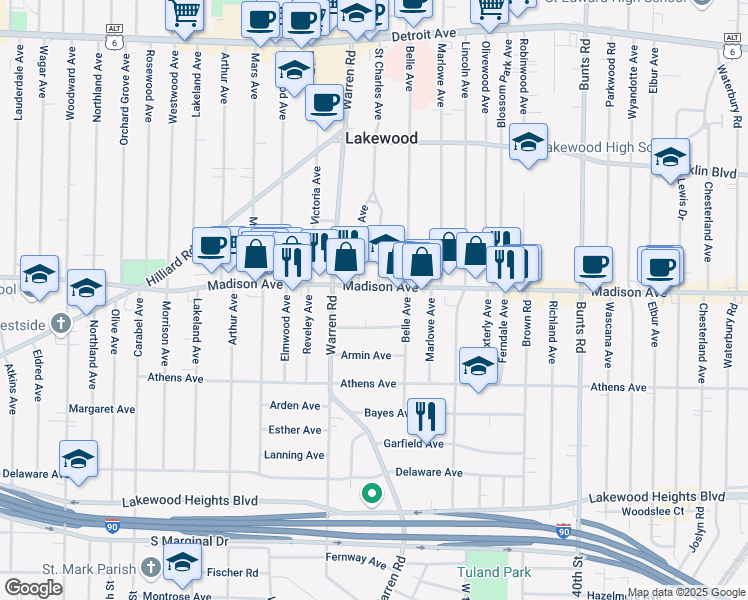 map of restaurants, bars, coffee shops, grocery stores, and more near 14567 Madison Avenue in Lakewood