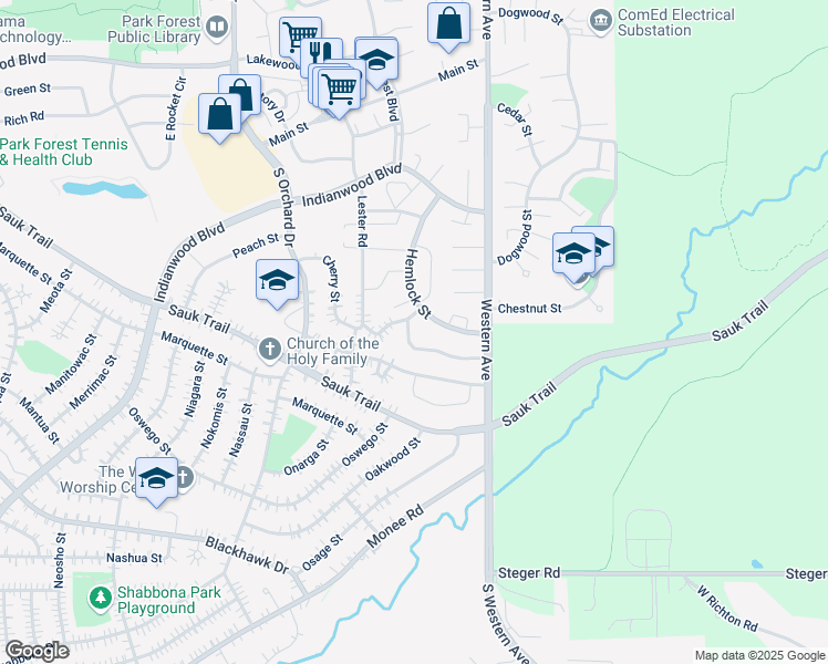 map of restaurants, bars, coffee shops, grocery stores, and more near 44 McCarthy Road in Park Forest