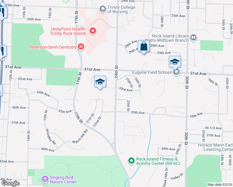 map of restaurants, bars, coffee shops, grocery stores, and more near 3321 24th St in Rock Island