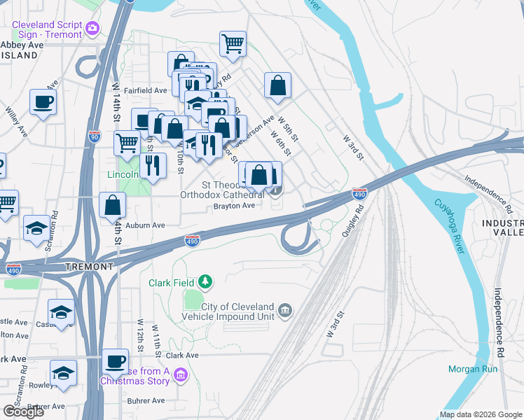 map of restaurants, bars, coffee shops, grocery stores, and more near 741 Brayton Avenue in Cleveland