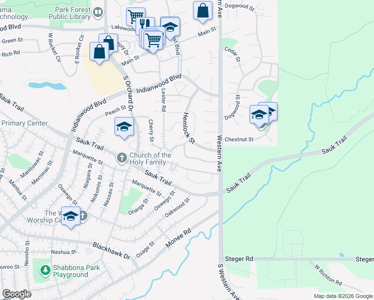 map of restaurants, bars, coffee shops, grocery stores, and more near 44 McCarthy Road in Park Forest