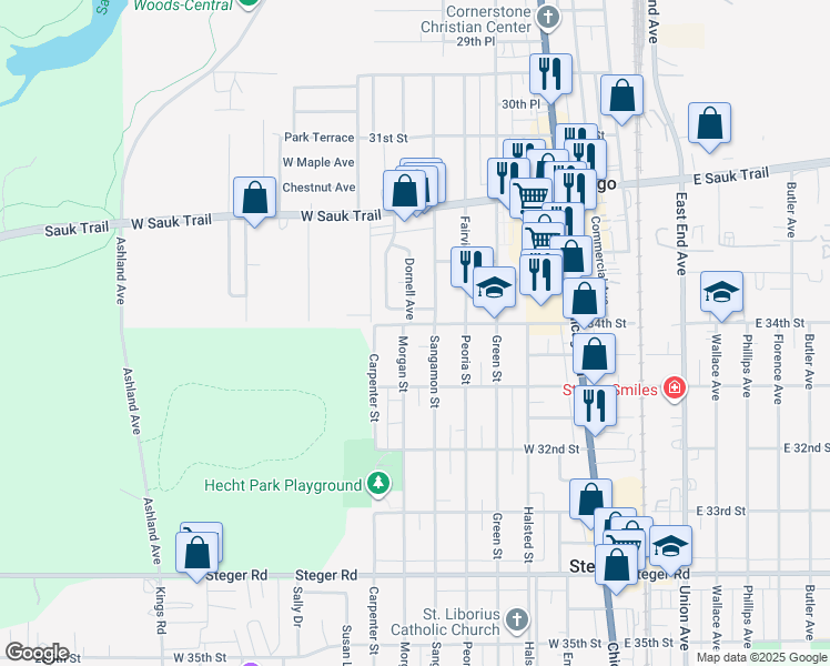map of restaurants, bars, coffee shops, grocery stores, and more near 3005 Morgan Street in Steger
