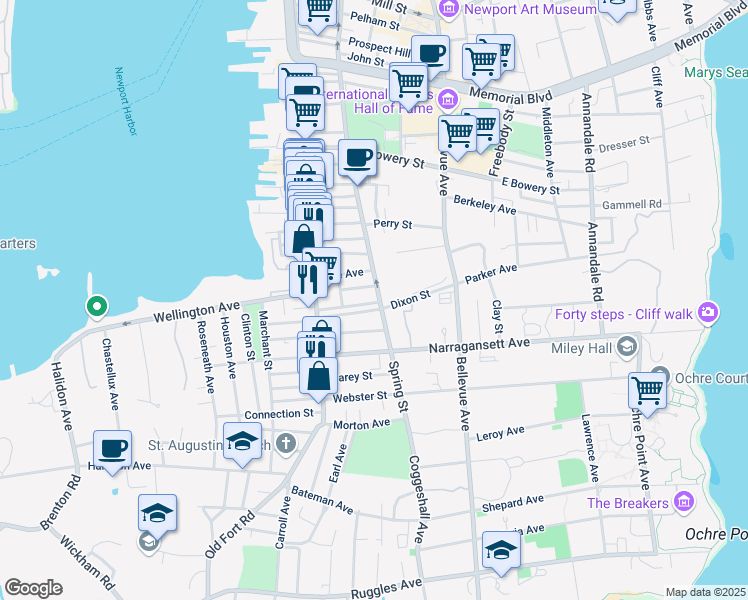 map of restaurants, bars, coffee shops, grocery stores, and more near 501 Spring Street in Newport