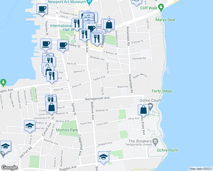 map of restaurants, bars, coffee shops, grocery stores, and more near 12 Ward Avenue in Newport