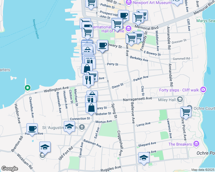 map of restaurants, bars, coffee shops, grocery stores, and more near 501 Spring Street in Newport
