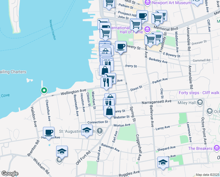 map of restaurants, bars, coffee shops, grocery stores, and more near 2 Sharon Court in Newport