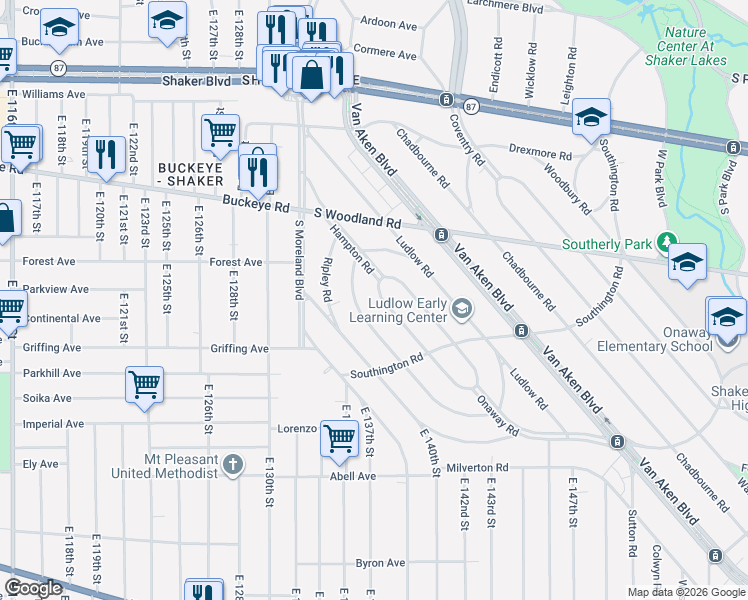 map of restaurants, bars, coffee shops, grocery stores, and more near 3029 Becket Road in Cleveland
