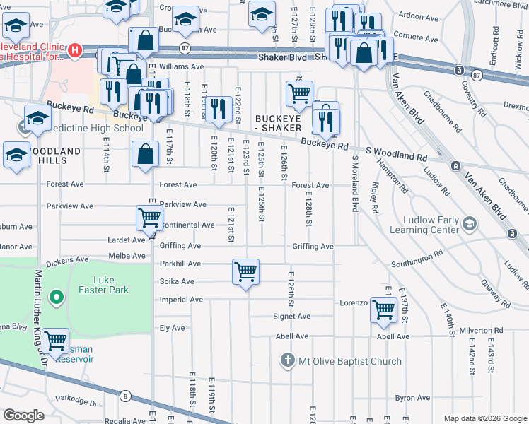 map of restaurants, bars, coffee shops, grocery stores, and more near 3026 East 126th Street in Cleveland