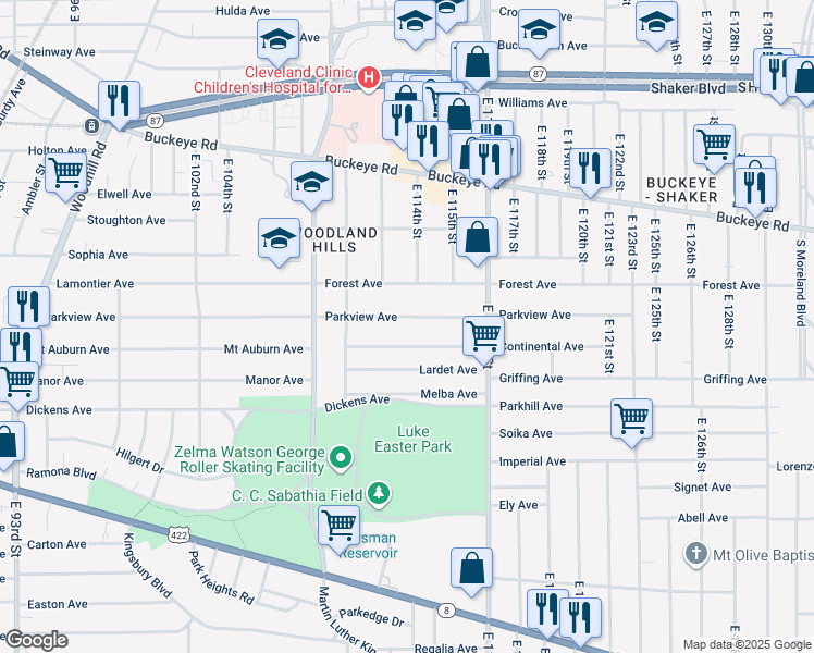 map of restaurants, bars, coffee shops, grocery stores, and more near 11309 Continental Avenue in Cleveland