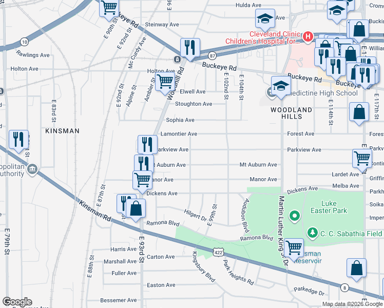 map of restaurants, bars, coffee shops, grocery stores, and more near 9615 Mount Auburn Avenue in Cleveland