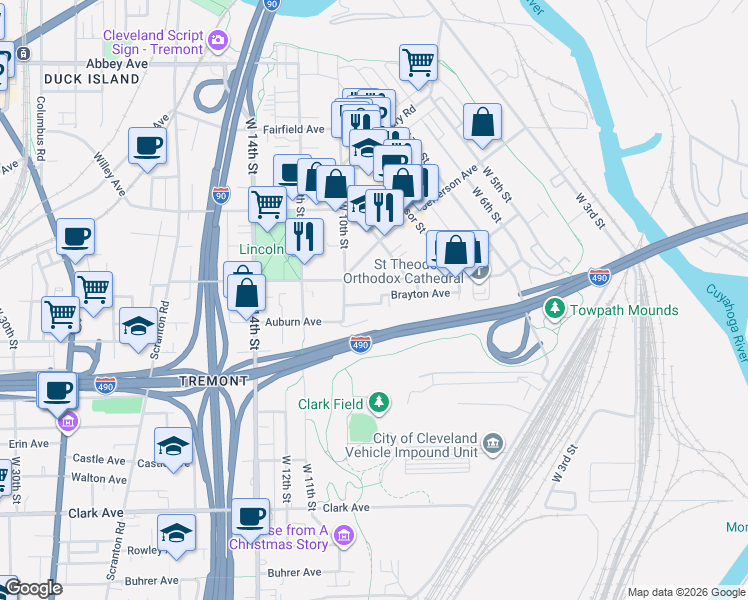 map of restaurants, bars, coffee shops, grocery stores, and more near 835 Brayton Avenue in Cleveland
