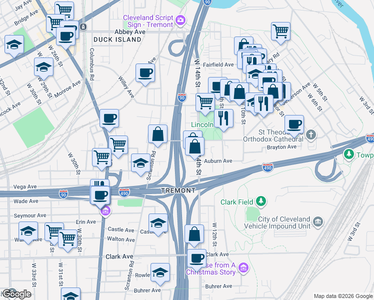 map of restaurants, bars, coffee shops, grocery stores, and more near 2607 West 15th Street in Cleveland