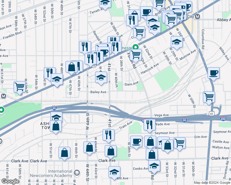 map of restaurants, bars, coffee shops, grocery stores, and more near 2316 West 40th Street in Cleveland