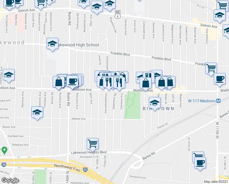 map of restaurants, bars, coffee shops, grocery stores, and more near 2013 Waterbury Road in Lakewood