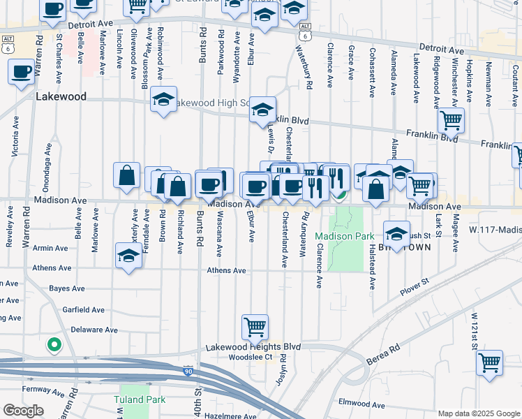map of restaurants, bars, coffee shops, grocery stores, and more near in Lakewood