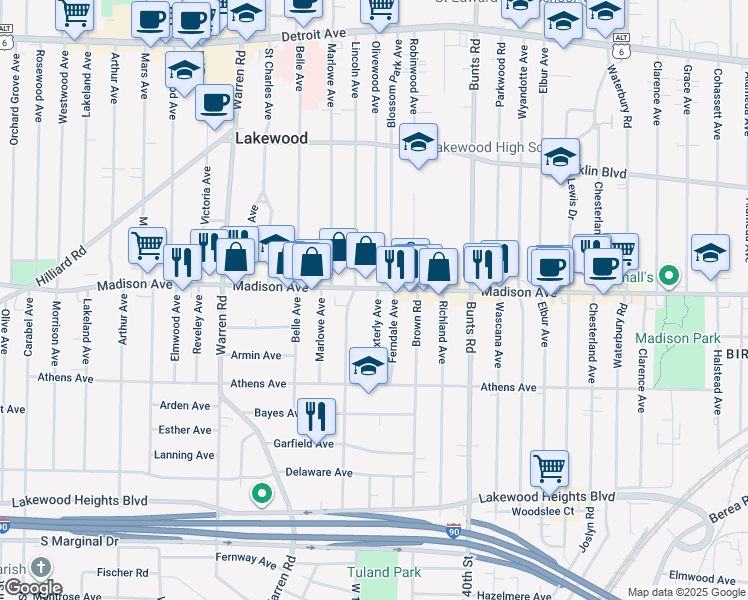map of restaurants, bars, coffee shops, grocery stores, and more near 2019 Baxterly Avenue in Lakewood