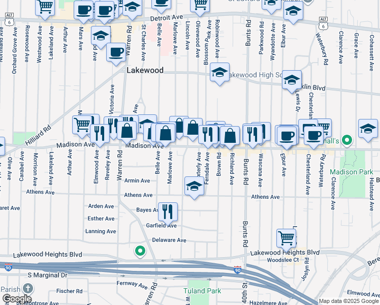 map of restaurants, bars, coffee shops, grocery stores, and more near 2021 Lincoln Avenue in Lakewood
