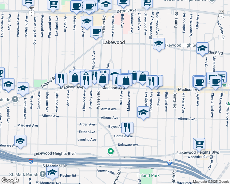 map of restaurants, bars, coffee shops, grocery stores, and more near 14555 Madison Avenue in Lakewood