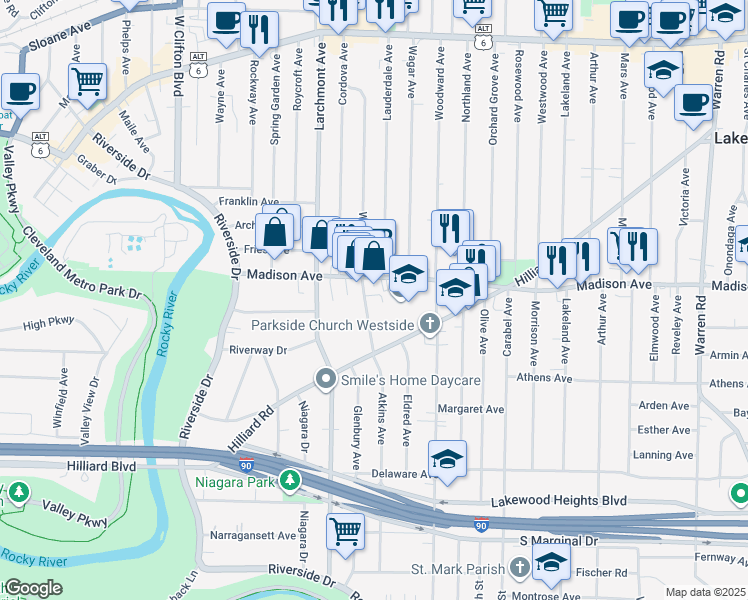 map of restaurants, bars, coffee shops, grocery stores, and more near 2025 Atkins Avenue in Lakewood