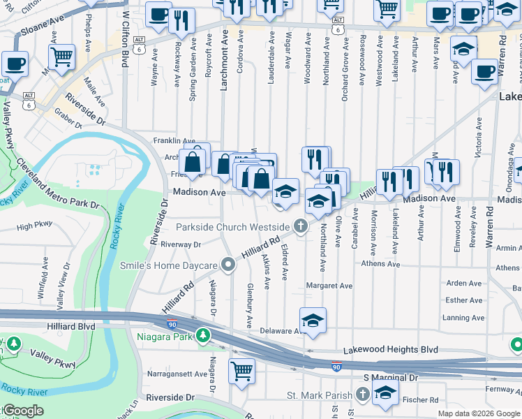 map of restaurants, bars, coffee shops, grocery stores, and more near 2035 Atkins Avenue in Lakewood