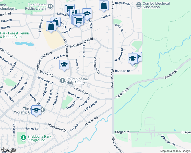 map of restaurants, bars, coffee shops, grocery stores, and more near 44 McCarthy Road in Park Forest