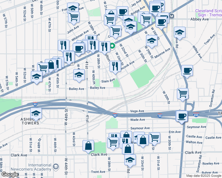 map of restaurants, bars, coffee shops, grocery stores, and more near 3639 Bailey Avenue in Cleveland
