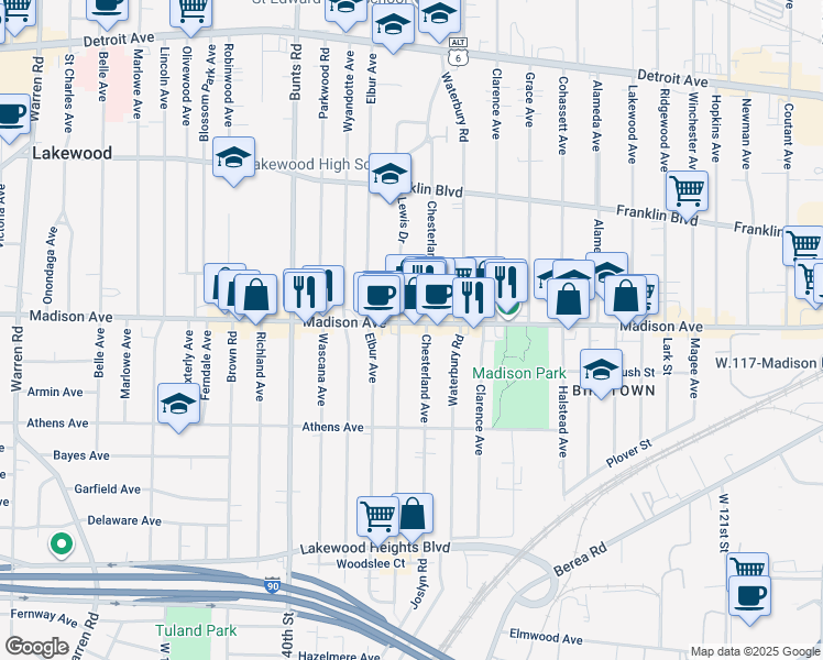 map of restaurants, bars, coffee shops, grocery stores, and more near 13389 Madison Avenue in Lakewood