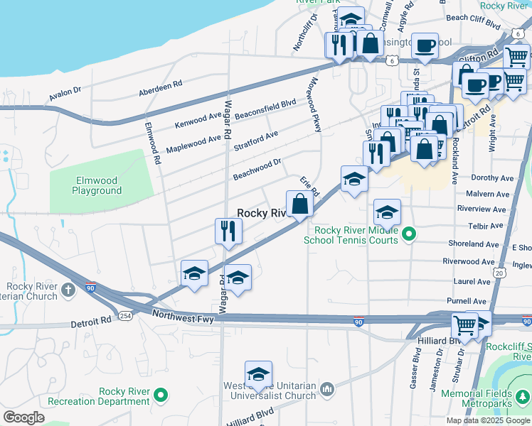 map of restaurants, bars, coffee shops, grocery stores, and more near  in Rocky River
