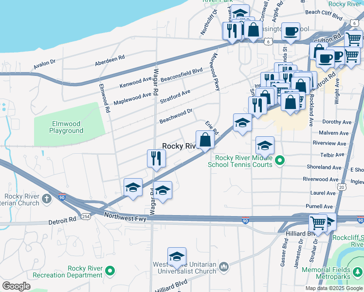 map of restaurants, bars, coffee shops, grocery stores, and more near 21862 Addington Boulevard in Rocky River