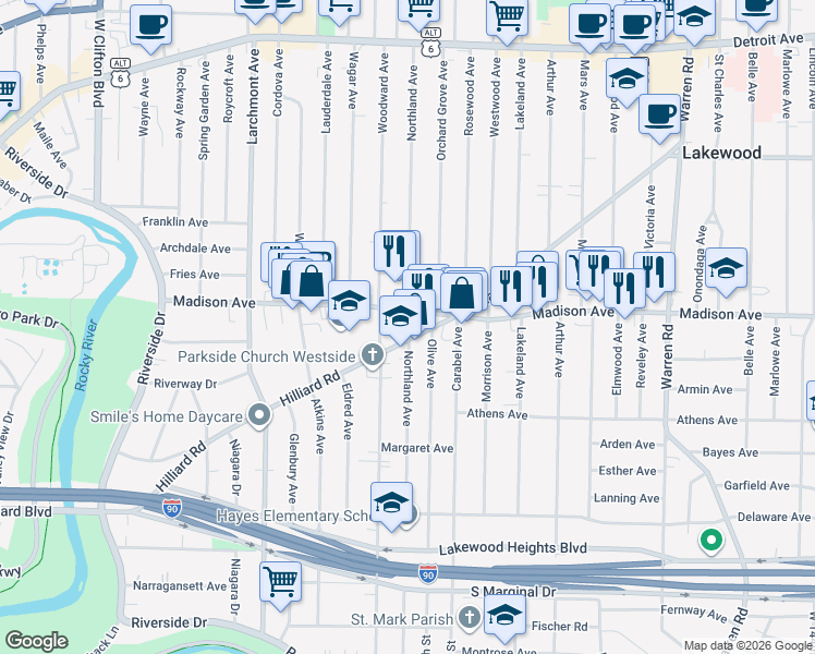 map of restaurants, bars, coffee shops, grocery stores, and more near 16101 Madison Avenue in Lakewood