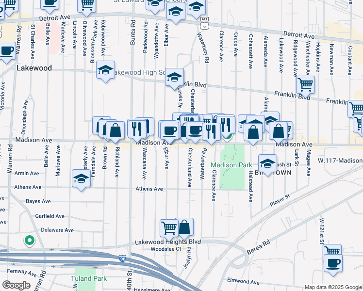 map of restaurants, bars, coffee shops, grocery stores, and more near 13395 Madison Avenue in Lakewood