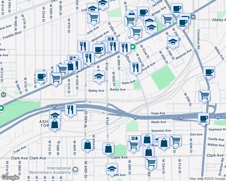 map of restaurants, bars, coffee shops, grocery stores, and more near 4007 Bailey Avenue in Cleveland