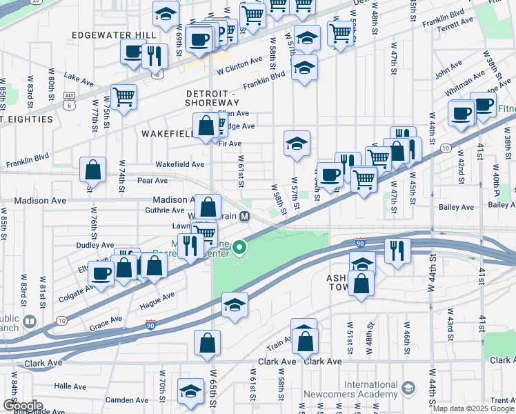 map of restaurants, bars, coffee shops, grocery stores, and more near 5912 Lawn Avenue in Cleveland
