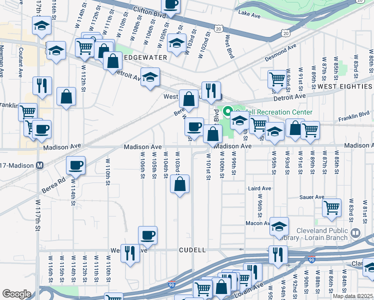 map of restaurants, bars, coffee shops, grocery stores, and more near 2018 West Boulevard in Cleveland