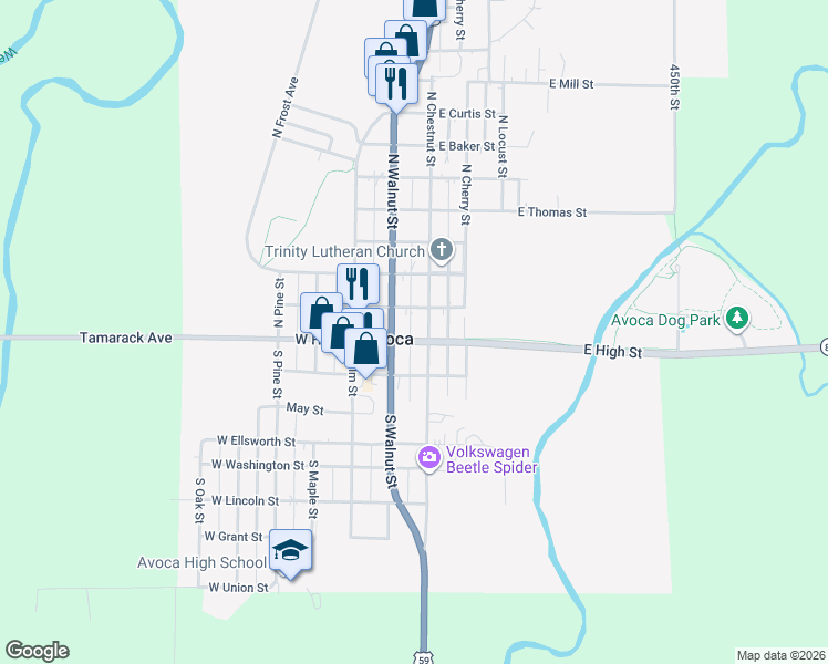 map of restaurants, bars, coffee shops, grocery stores, and more near 106 West High Street in Avoca
