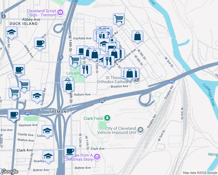 map of restaurants, bars, coffee shops, grocery stores, and more near 835 Brayton Avenue in Cleveland