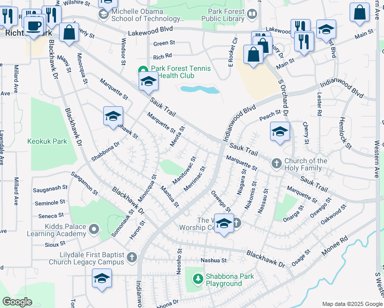 map of restaurants, bars, coffee shops, grocery stores, and more near 320 Manitowac Street in Park Forest