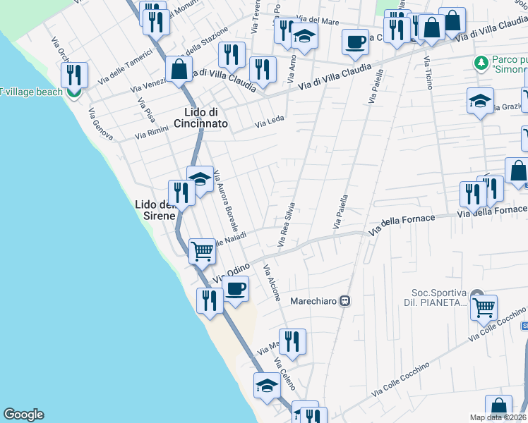 map of restaurants, bars, coffee shops, grocery stores, and more near 47 Via delle Muse in Anzio