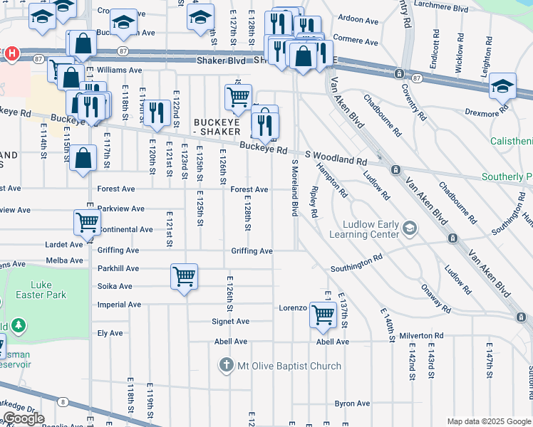 map of restaurants, bars, coffee shops, grocery stores, and more near 3026 East 130th Street in Cleveland