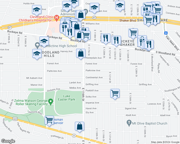 map of restaurants, bars, coffee shops, grocery stores, and more near 11709 Continental Avenue in Cleveland