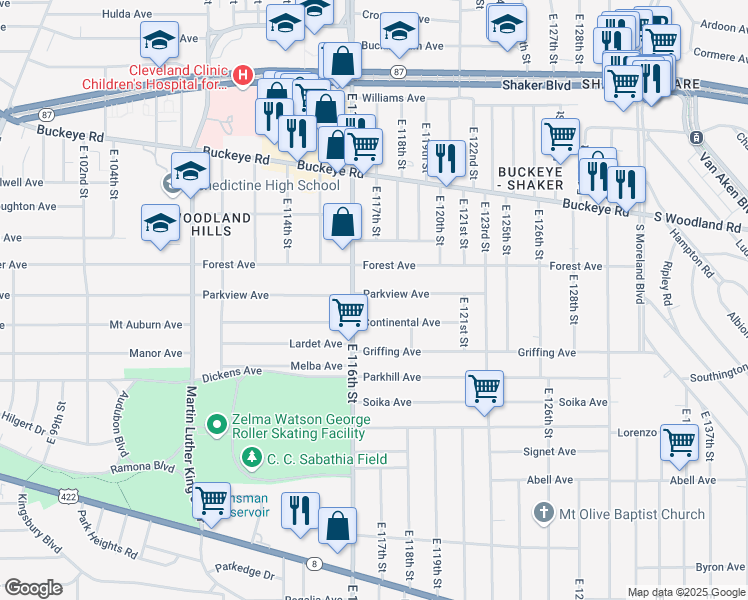 map of restaurants, bars, coffee shops, grocery stores, and more near 11709 Continental Avenue in Cleveland