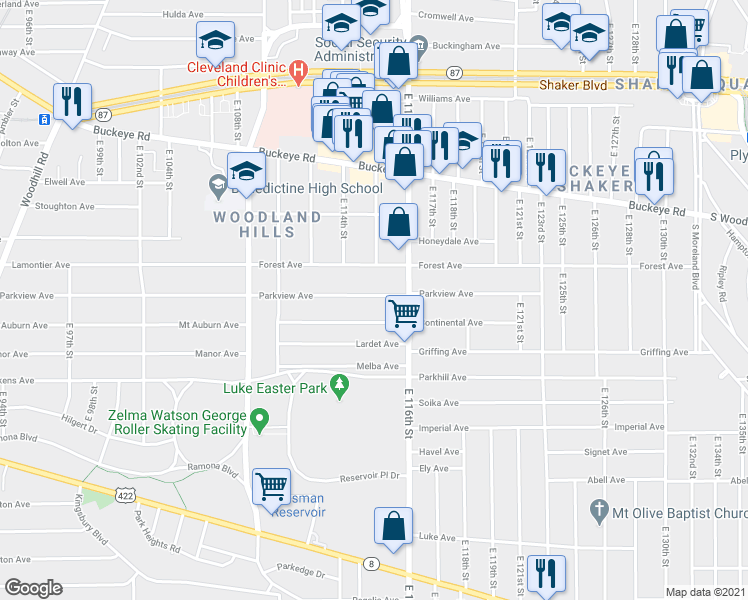 map of restaurants, bars, coffee shops, grocery stores, and more near 11419 Continental Avenue in Cleveland