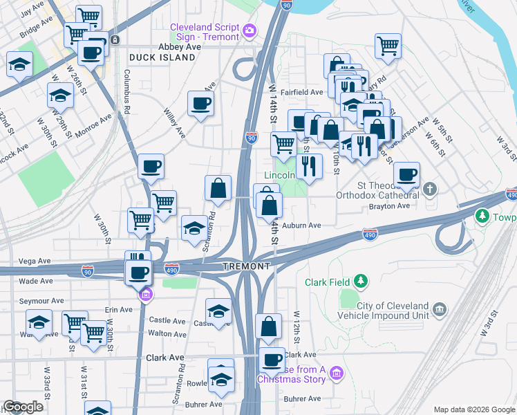 map of restaurants, bars, coffee shops, grocery stores, and more near 2607 West 15th Street in Cleveland