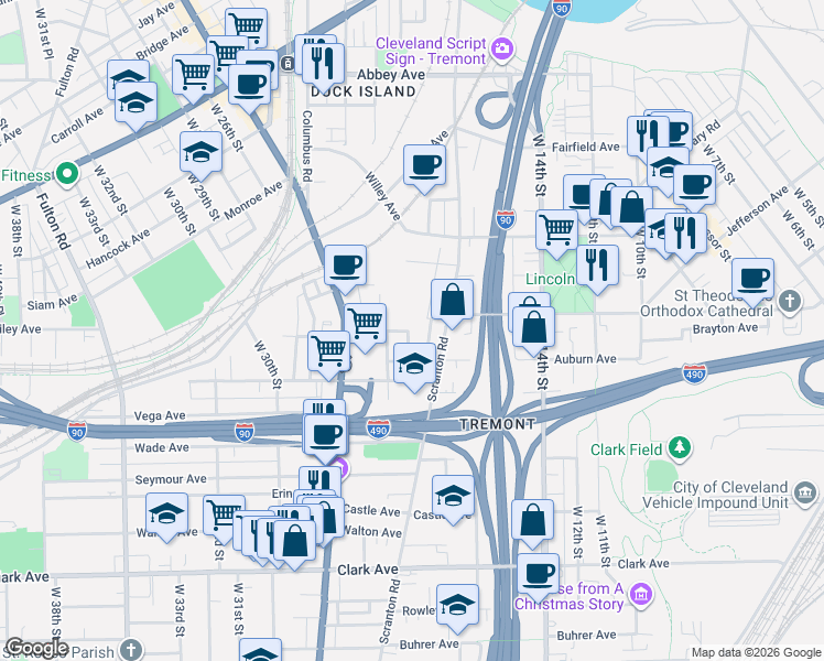 map of restaurants, bars, coffee shops, grocery stores, and more near 2628 West 18th Place in Cleveland