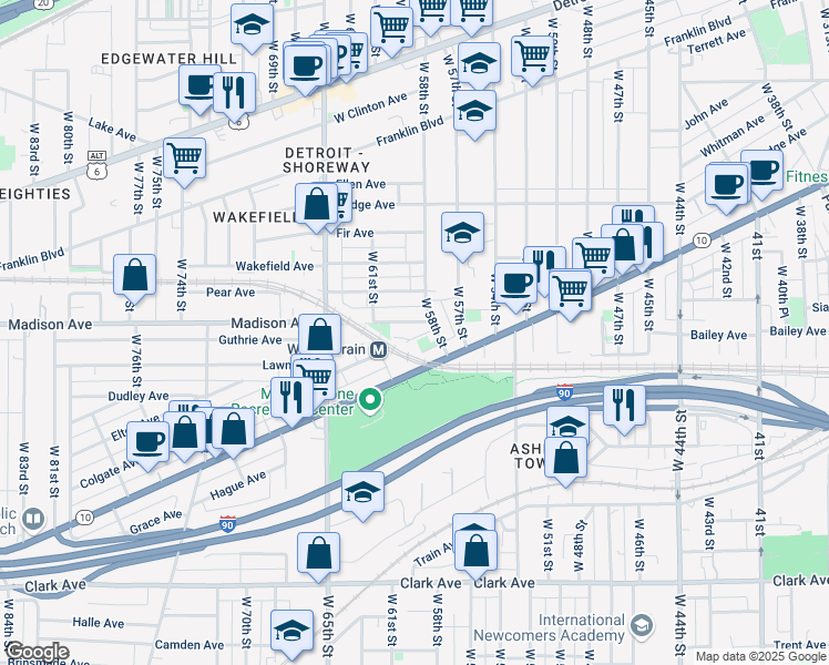 map of restaurants, bars, coffee shops, grocery stores, and more near 5912 Lawn Avenue in Cleveland