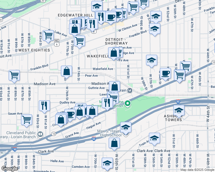map of restaurants, bars, coffee shops, grocery stores, and more near 6711 Guthrie Avenue in Cleveland