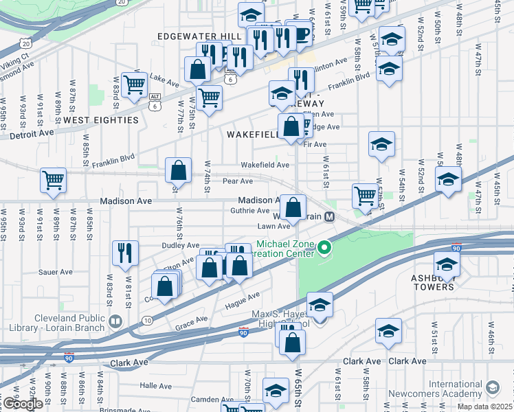 map of restaurants, bars, coffee shops, grocery stores, and more near 6711 Guthrie Avenue in Cleveland