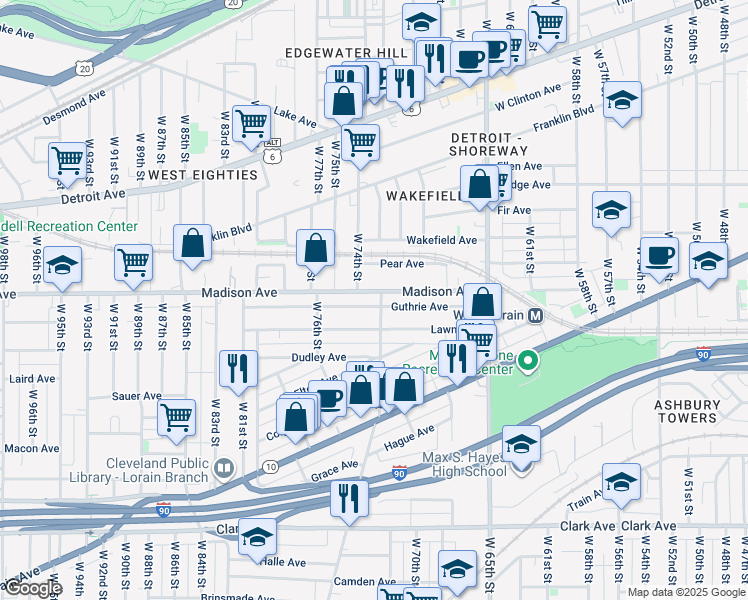 map of restaurants, bars, coffee shops, grocery stores, and more near 2020 West 73rd Street in Cleveland