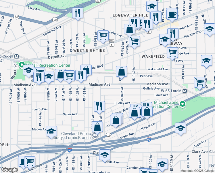 map of restaurants, bars, coffee shops, grocery stores, and more near in Cleveland